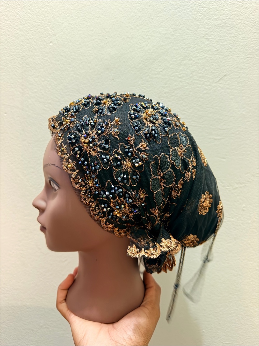 Elegant Black and Gold Embellished Headscarf